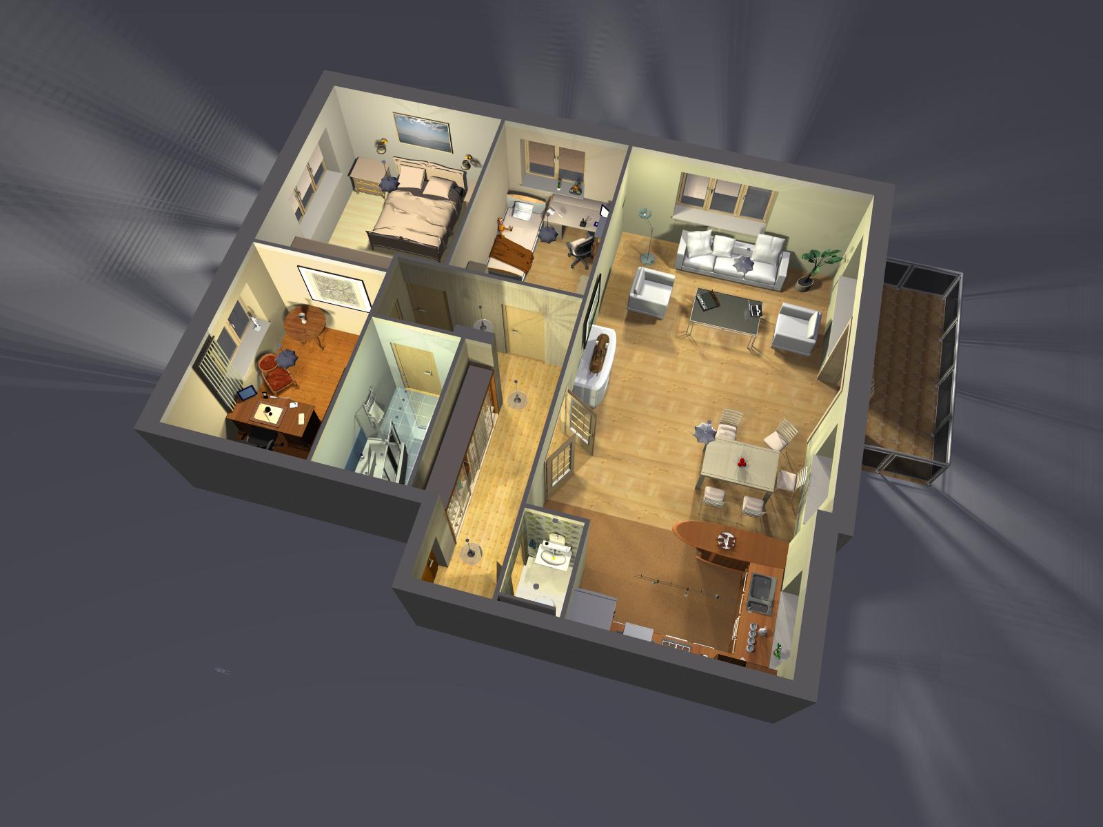 Wizualizacja 3D rzutu mieszkania z pełnym wyposażeniem, widok z góry, uwzględniający sypialnie, gabinet, łazienkę, salon z balkonem i kuchnię.